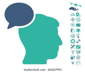 Person Idea pictograph with bonus copter tools pictograph collection. Vector illustration style is flat iconic cobalt and cyan symbols on white background.