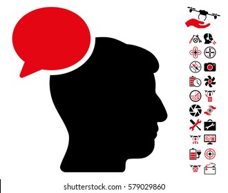 Person Idea pictograph with bonus quad copter service clip art. Vector illustration style is flat iconic intensive red and black symbols on white background.