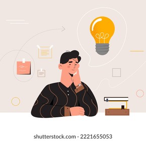 Person with idea. Thoughtful young guy next to light bulb. Creative personality, insight and brainstorming. Talented entrepreneur or businessman launch start up. Cartoon flat vector illustration