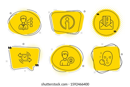 Person idea, Timer and Face search signs. Chat bubbles. Info, Third party and Credit card line icons set. Information, Team leader, Mail. Lamp energy. Technology set. Line info icon. Vector