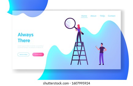 Person Identification, Id Access and Security System Website Landing Page. Woman Stand on Ladder Looking on Finger Print through Huge Magnifying Glass Web Page Banner. Cartoon Flat Vector Illustration