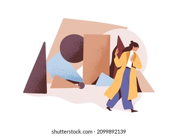 Person ignoring and getting away from troubles. Woman avoid and deny responsibility for life problems, escaping difficulties. Ignorance concept. Flat vector illustration isolated on white background