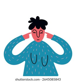 Person Ignoring Noise with Fingers in Ears. Simple design with bold lines and vibrant colors. Isolated Vector Illustration