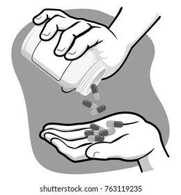 person illustration hand taking medicine capsules in a bottle, black and white. Ideal for informational and medicinal materials