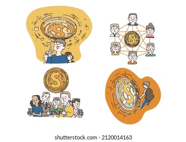 Person illustration set related to virtual currency Blockchain, mining Comical handwritten person