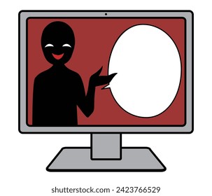 A person with the image of a villain and speech bubble materials on a computer