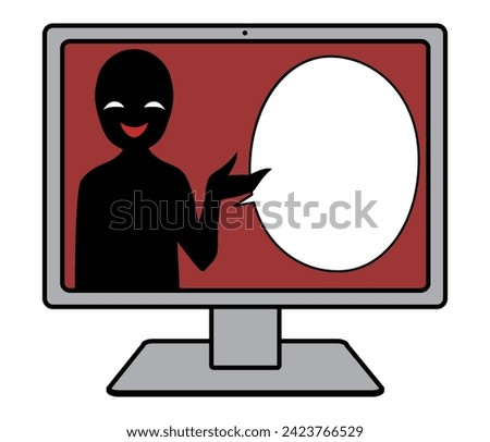 A person with the image of a villain and speech bubble materials on a computer