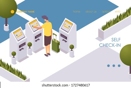A person independently self check-in for a flight landing page template. Isometric airport scene