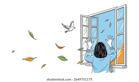 A person indoors struggles with wind blowing leaves and small birds against a large glass window causing a messy chaotic scene outside