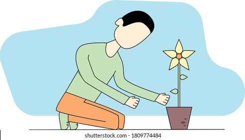 A person indulging in gardening. This vector shows a person trying to place a potted plant (Sunflower) in the garden.