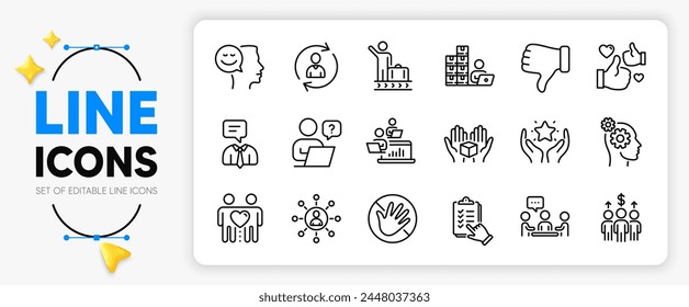 Person info, Luggage belt and Dislike hand line icons set for app include Online question, Inventory, Networking outline thin icon. Do not touch, Checklist, Support service pictogram icon. Vector