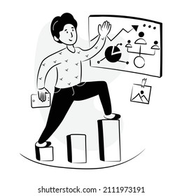 Person with infographic chart and cogwheel, hand drawn illustration of business manager 

