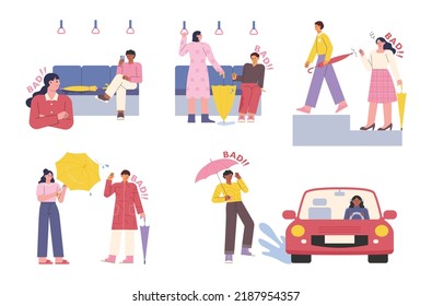 Person infographic explaining rainy day etiquette. flat design style vector illustration.