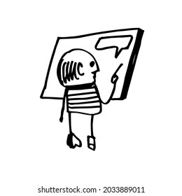 Una persona con una tableta informativa. Un personaje dibujado a mano. Ilustración del vector