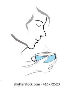 a person inhales the aroma of coffee. vector illustration