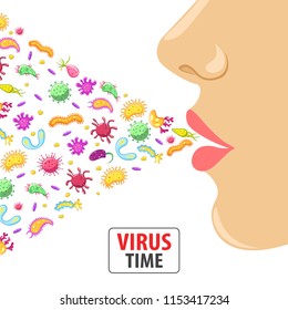 Person inhales or exhales germs. Vector colorful cartoon like illustration on white background. Female breath a lot of germs or bacteria from her mouth.