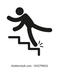 Person Injury Slipping On Wet Floor. Falling People Black Simple Silhouette, Danger Symbol Unbalanced Man Slips And Fall Down From Stairs, Warning Sign Template, Vector Isolated Single Illustration