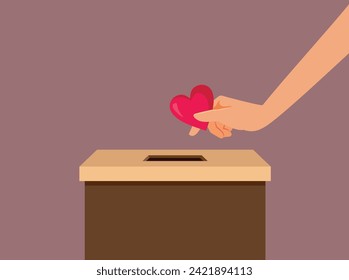 
Person Inserting a Heart in a Donation Box Vector Concept Illustration. Hand depositing love and care into social assistance foundation 
