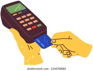 Person inserts card into terminal for payment. Electronic device for accepting payment. POS terminal with display and buttons for bank transactions. Equipment for transferring funds from card