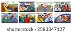 Person inside car. Driver inside vehicle interior with characters driving automobile, traveling man and woman inside car, family on road trip. Vector set.