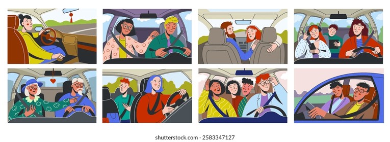 Person inside car. Driver inside vehicle interior with characters driving automobile, traveling man and woman inside car, family on road trip. Vector set.