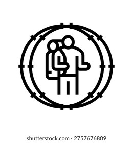 person inside circle of barbed wire line icon vector. person inside circle of barbed wire sign. isolated contour symbol black illustration