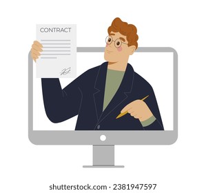 Person inside computer concept. Man with pencil and notepad. Young guy with contract at display. Poster or banner. Cartoon flat vector illustration isolated on white background