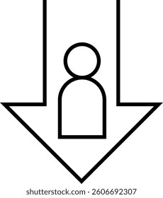  Person inside a downward arrow icon representing job loss, economic recession, or financial decline with transparent background


