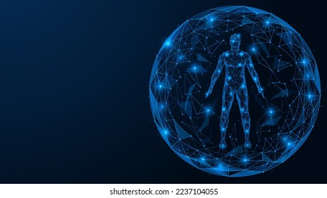 Person inside the sphere. Polygonal design of lines and dots. Blue background.