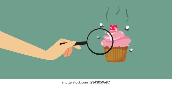 
Person Inspecting a Spoiled Muffin Surrounded by Flies Vector Cartoon Illustration. Bad contaminated food in insect infested conditions 
