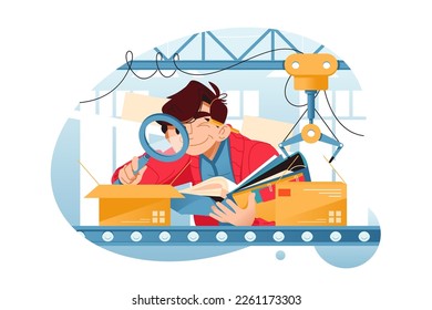 Person inspects moving box with magnifying glass in factory setting with conveyor and manipulator in background, vector illustration.