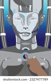Persona que interactúa con la tecnología AI Robot, presionando el botón de inicio o apagado
