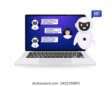 Persona interactuando con un robot de chat en un portátil de pantalla. Robot responde al cliente en el servicio de chatbot. Diálogo entre un asistente de IA. Inteligencia artificial hablando, respondiendo preguntas. Ilustración del vector