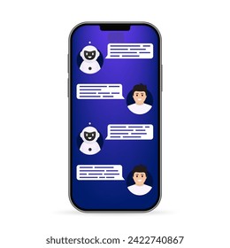 Person interacting with a chatbot in a smartphone. Robot answer customer in chatbot service. Dialog between AI assistant. Artificial intelligence talking, answering questions. Vector illustration