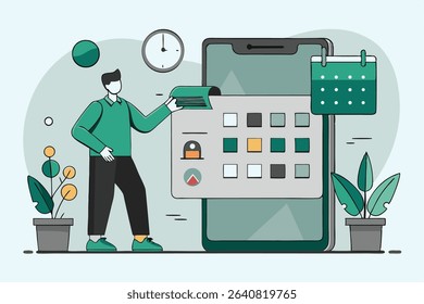 Person Interacting with a Digital Calendar and Color Palette on a Smartphone