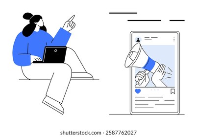 Person interacting with a laptop pointing towards a large smartphone screen displaying a megaphone icon, representing social media engagement. Ideal for digital marketing, social media strategies