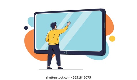 Person Interacting With a Large Digital Display Showing a Blue Screen and Abstract Shapes