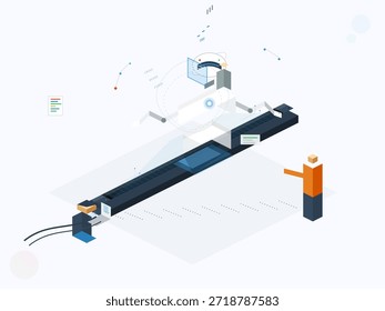 Una persona está interactuando con una Grande herramienta de medición digital en un espacio de trabajo. Varios Elementos y diseños digitales rodean el dispositivo de medición, mostrando la conexión y la tecnología.