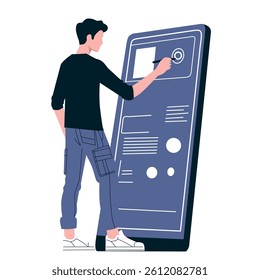 A person interacting with a large digital screen, likely for design or presentation purposes.