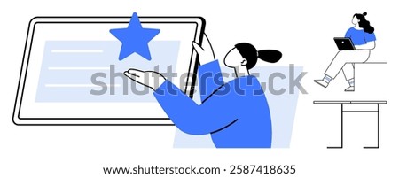 Person interacting with a large screen and star icon, another person using a tablet on chair, desk. Ideal for technology, education, online learning, digital collaboration, multimedia, workplace