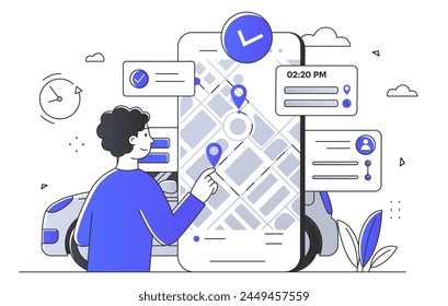 A person interacting with a large smartphone screen displaying maps and schedules, in a monochrome line art style, depicting the concept of time management and navigation. Flat vector illustration