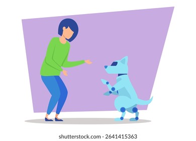 Person interacting with playful robot dog, showcasing its trick of standing on hind legs