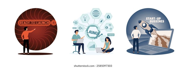 A person interacting with a Ready to Launch button. Teamwork and planning, portraying professionalism and collaboration.  Business project start up process idea. Set flat vector modern illustration 