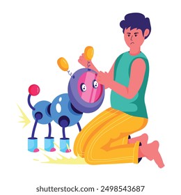 Person interacting with robotic pet, flat style illustration 