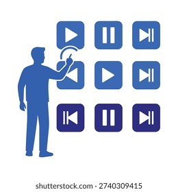 A person interacting with a row of media control buttons