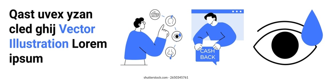 Uma pessoa interagindo com um smartphone, um gráfico de cashback com uma pessoa e um olho grande com uma gota azul. Ideal para marketing digital, comércio eletrônico, interação com o usuário, suporte ao cliente, on-line