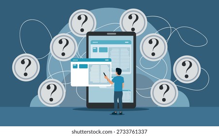 Pessoa interagindo com smartphone e interface flutuante da Web rodeada por ícones de perguntas
