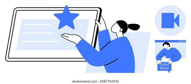 Person interacting with tablet displaying a star, indicating a rating system. Includes video call icon and person holding a cash back sign on another screen. Ideal for user reviews, online services