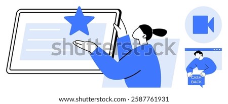 Person interacting with tablet displaying a star, indicating a rating system. Includes video call icon and person holding a cash back sign on another screen. Ideal for user reviews, online services