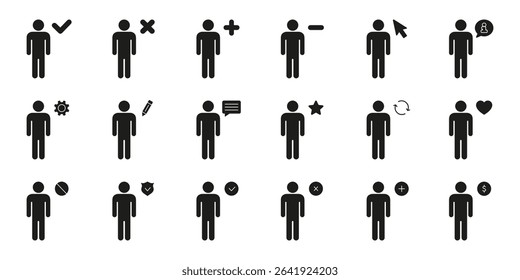 Person Interaction And Status Solid Icon Set. User Management, Communication Silhouette Symbol Collection. Isolated Vector Illustration.